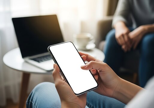 Closeup of a persons hands holding a smartphone with a blank screen, with a laptop and a cup of coffee blurred in the background