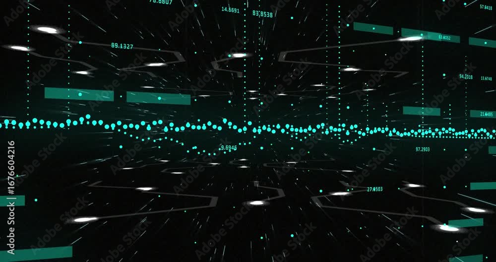 Poster animation of graph and data processing over white ufos moving on black background