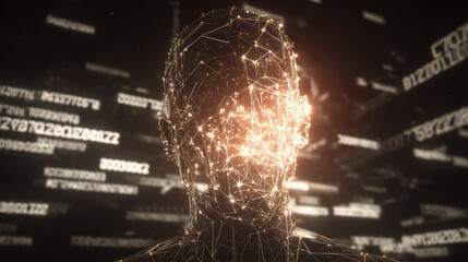 3D wireframe glowing human head with encrypted symbols and falling matrix code representing cyberattack and cybersecurity concepts