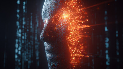 3D wireframe glowing human head with encrypted symbols and falling matrix code representing cyberattack and cybersecurity concepts