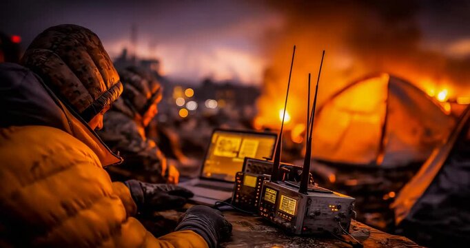 Emergency broadcast station with survivors operating amateur radio equipment trying to contact outside world limited battery power