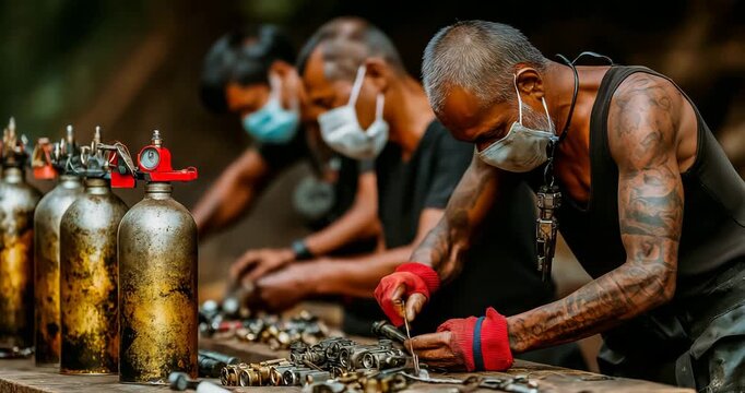 Survivor workshop where people repair and maintain breathing equipment improvised tools and spare parts technical knowledge sharing