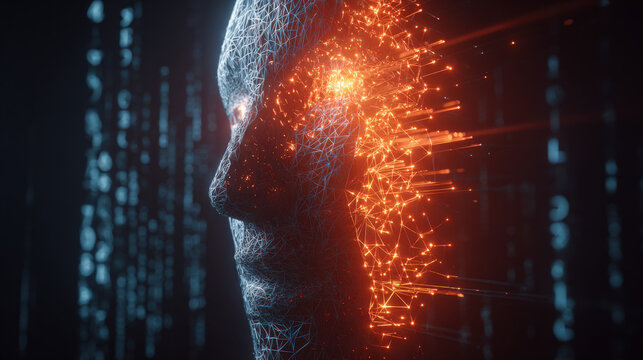 3D wireframe glowing human head with encrypted symbols and falling matrix code representing cyberattack and cybersecurity concepts