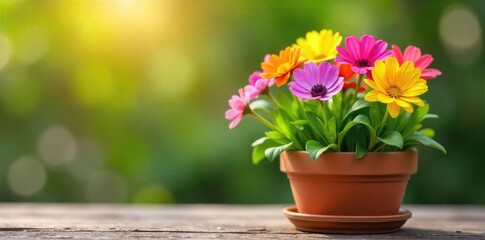 A cheerful spring scene featuring vibrant flowers bursting from a terracotta pot, ready to brighten any space Perfect for gardening, home decor, and springtime themes , flower pot, sunlight, happy