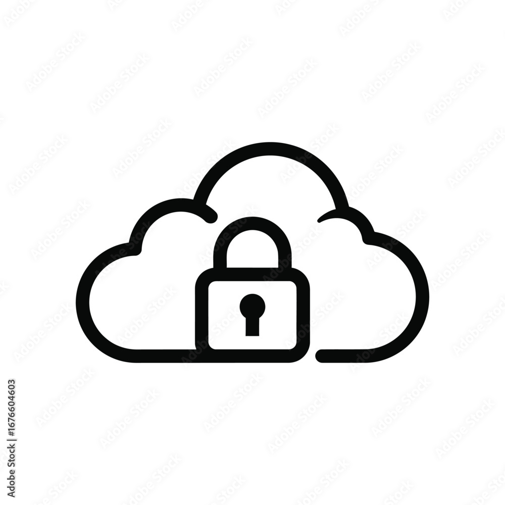 Poster secured cloud icon: a minimalist cloud with a prominent padlock, illustrating data security and safe