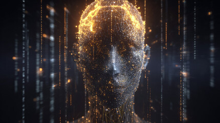 3D wireframe glowing human head with encrypted symbols and falling matrix code representing cyberattack and cybersecurity concepts