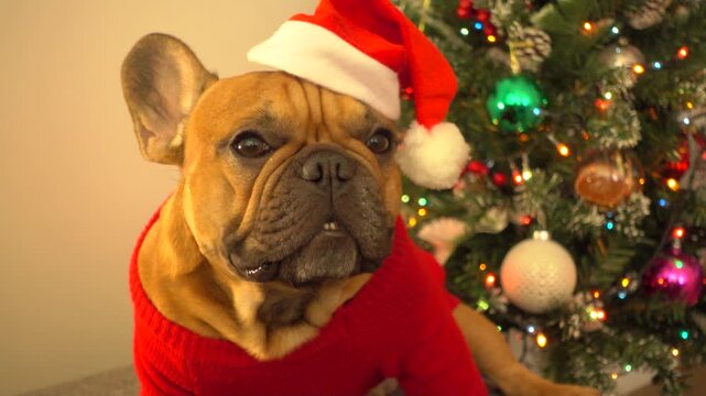 Tired French Bulldog in Santa hat yawns, cap tumbles off in slow motion. Holiday exhaustion humor by Christmas tree. Professional funny footage for blooper reels and ad campaigns. hungover, weak