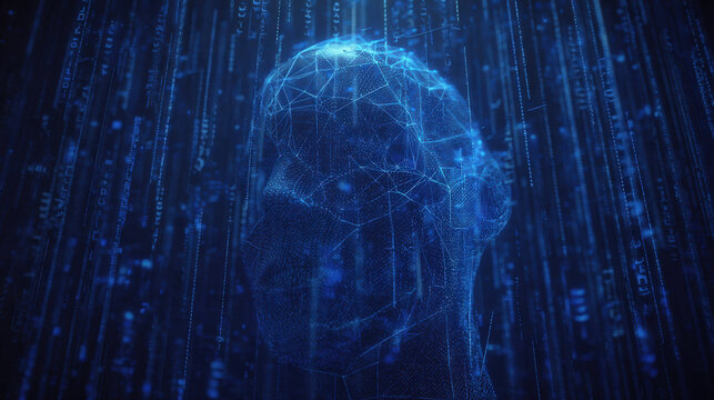 3D wireframe glowing human head with encrypted symbols and falling matrix code representing cyberattack and cybersecurity concepts