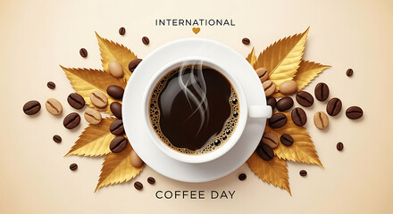 International Coffee Day celebration with steaming cup surrounded by golden leaves and beans