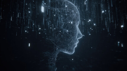 3D wireframe glowing human head with encrypted symbols and falling matrix code representing cyberattack and cybersecurity concepts