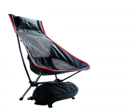 Lightweight black camping chair with red trim and carry bag isolated on transparent background