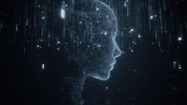 3D wireframe glowing human head with encrypted symbols and falling matrix code representing cyberattack and cybersecurity concepts