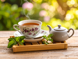 Close-up of floral porcelain teacup with hot tea on wooden tray beside teapot and fresh mint sprig, soft-focus garden background with natural diffused light, peaceful tranquil tea-time atmosphere