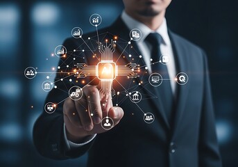 Businessman touching a glowing digital interface with interconnected icons, representing data analysis, network connection, and global business strategy