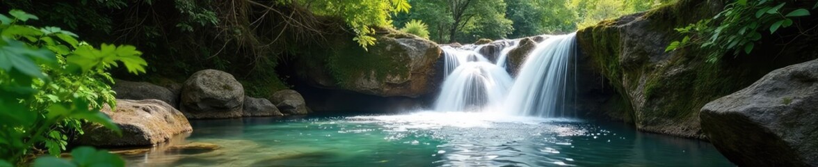 Obraz premium Serene summer waterfall cascading over moss-covered rocks, sunlight dappling the water's surface Perfect for travel, nature, and relaxation themes , tranquility, green