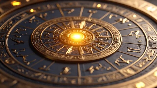 Mystical Zodiac Wheel Clock Animation with Golden Details and Glowing Center, Astrology Background