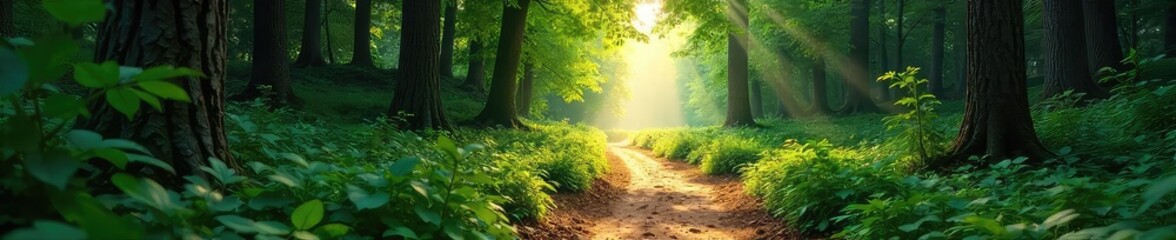 Obraz premium A winding path through a lush forest, sunlight dappling the leaves, leading to a distant, unseen destination The journey is long, but the scenery is breathtaking , secluded, perspective, path
