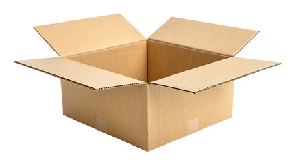 Open cardboard box isolated on transparent background, ready for shipping, storage, or moving, showcasing the empty space