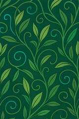 Seamless Green Leaf Pattern with Decorative Swirls on Dark Background