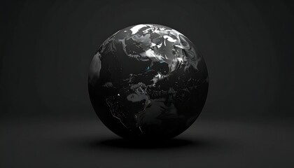 A stylized black and white globe rotating against a dark background, showcasing Earth's continents