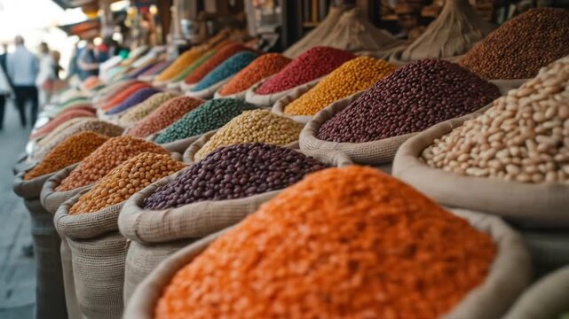 A variety of colorful dried lentils and beans in burlap sacks at the market showcasing their natural textures, a display of organic food with varying sack textures. 4k video