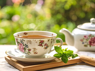 Close-up of floral porcelain teacup with hot tea on wooden tray beside teapot and fresh mint sprig, soft-focus garden background with natural diffused light, peaceful tranquil tea-time atmosphere