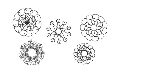 A collection of five abstract floral designs in black and white on a white background pattern illustration