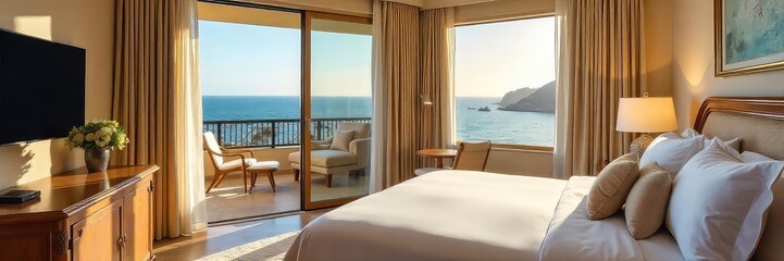 Luxurious California hotel suite boasting ocean views, a private balcony, and a lavish interior Enjoy the ultimate relaxation and comfort , room service, ocean view