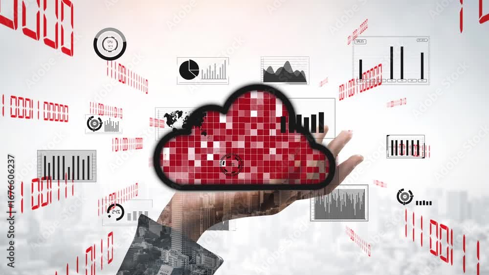 Poster a creative representation of cloud computing featuring data visualizations, charts, and analytics. t