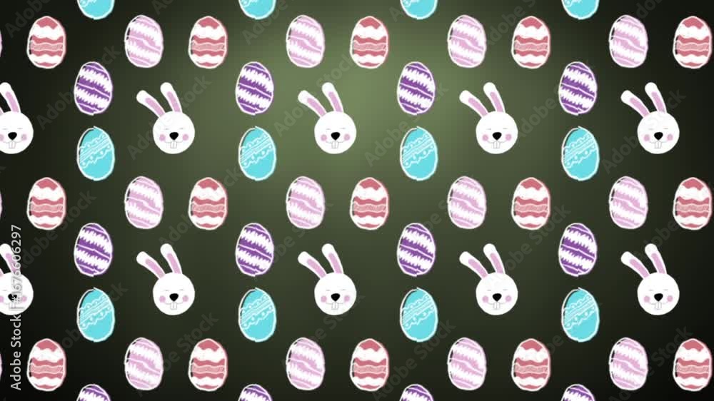 Poster animation of looping multicolored eggs and bunnies over gradient background