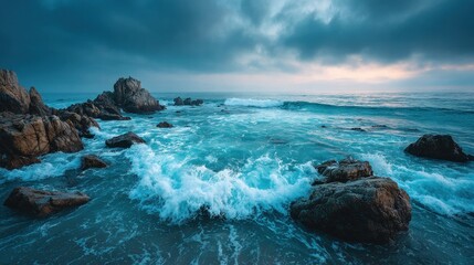 Waves crashing on rocky shore coastal landscape nature photography serene environment dynamic viewpoint