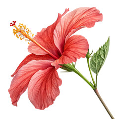 Fototapeta premium A vibrant red hibiscus flower in full bloom, isolated on transparent background, showcasing its intricate petals and delicate stamen