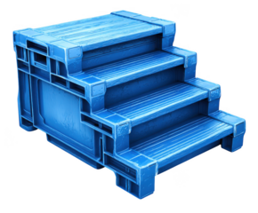 Futuristic blue industrial steps platform with textured surface isolated on transparent background