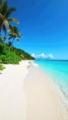 Fototapeta premium Tranquil coastal scene featuring pristine white sand, turquoise ocean waves gently lapping the shore, and a clear blue sky overhead Perfect for travel, vacation, or summer themes , peaceful, sky