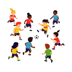 A diverse group of happy children playing soccer together in a team. Kids sports activity concept flat vector illustration