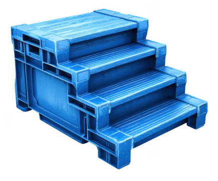 Futuristic blue industrial steps platform with textured surface isolated on transparent background