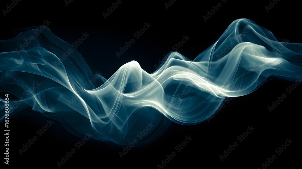 Poster fluid, ethereal shapes of teal and white smoke swirl against a stark black backdrop, creating an abs