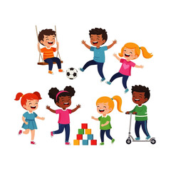 A diverse group of happy children playing together, showcasing the concept of joyful childhood friendship and fun activities