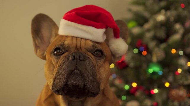Adorable French Bulldog in Santa hat sitting by Christmas tree. Festive close-up portrait of happy holiday pet with emotional expression. Professionally shot seasonal footage for Christmas content