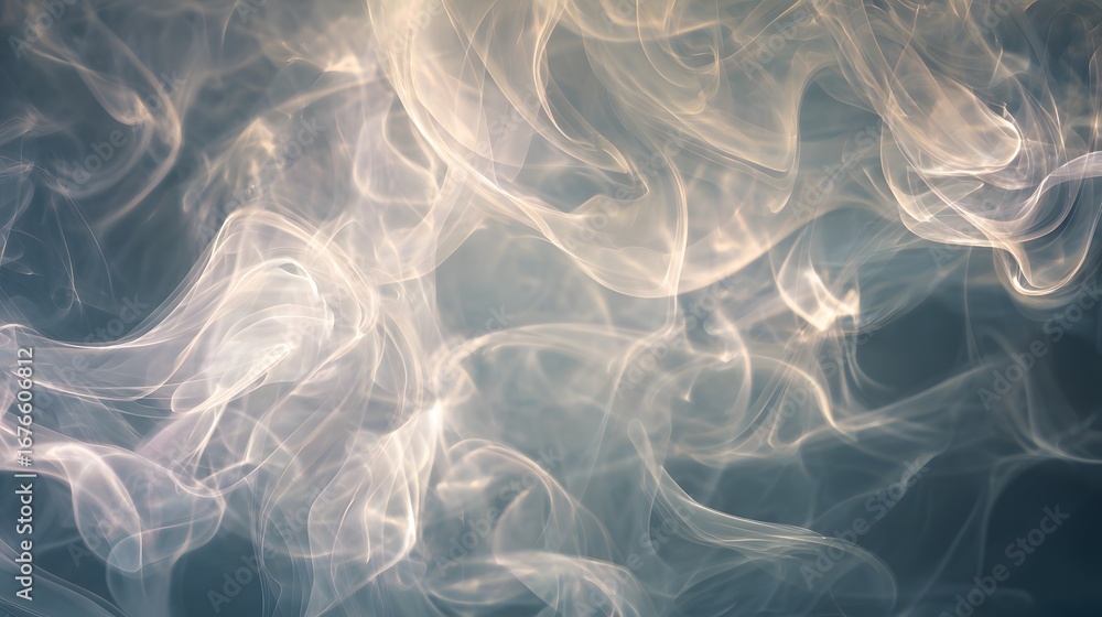 Poster a detailed close-up view of swirling, ethereal smoke, illuminated with soft, warm light, creating a 
