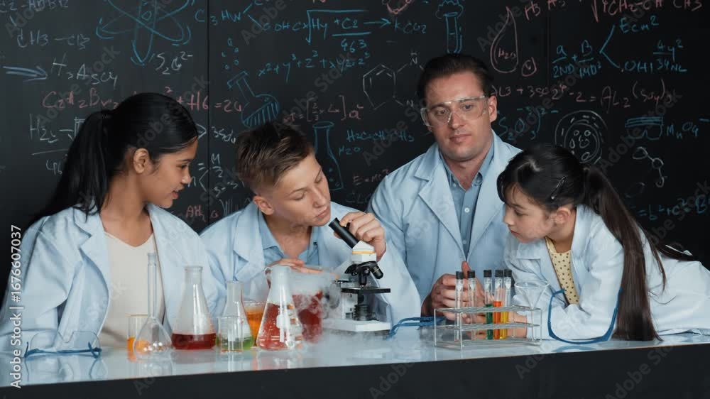 Poster multicultural student looking under microscope while cute girl inspect sample. teacher looking after