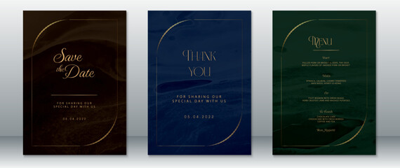 Sophisticated wedding stationery set featuring dark brown, navy blue, and deep green backgrounds with gold accents. Includes save the date, thank you card, and menu.