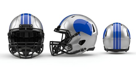 Fototapeta premium A modern silver and blue athletic football helmet shown from multiple angles, symbolizing team competition and player protection on game day