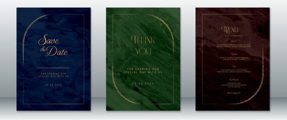 Luxurious wedding invitation set with gold rope frame on dark marble backgrounds in navy, green, and wine tones. Includes save the date, thank you card, and dinner menu.