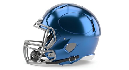 Naklejka premium A shiny metallic blue American football helmet with a grey facemask, viewed from the side and isolated on a clean white background for easy editing