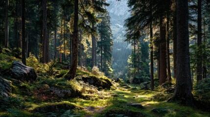 Obraz premium Exploring serenity in a sunlit forest trail nature scene lush environment peaceful viewpoint