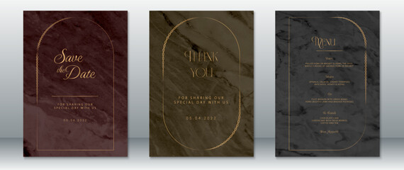 Luxurious wedding invitation set featuring gold rope frame on dark marble backgrounds in rich jewel tones. Includes save the date, thank you card, and dinner menu.
