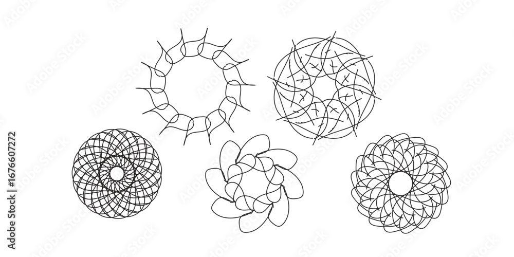 Poster five abstract circular designs with intricate line patterns on a white background in a simple illust