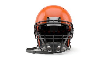 Front view of a vibrant orange American football helmet with a black facemask, isolated on a clean white background for sports concepts