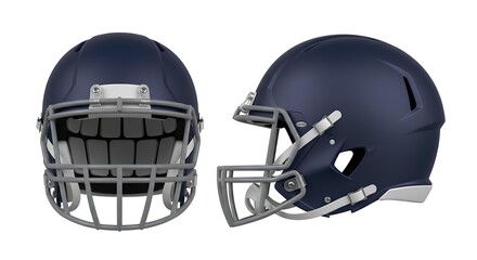 Naklejka premium A blank navy blue football helmet shown in front and side profile views, perfect for team branding mockups, isolated on a white background